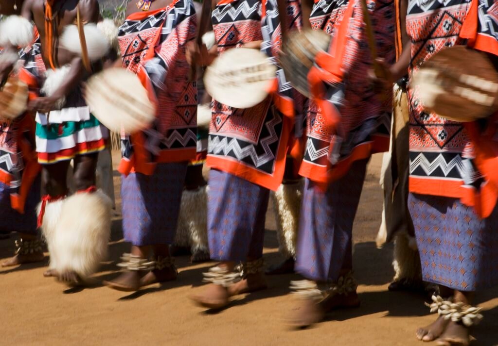 Dancers wearing traditional dress, Kingdom of Eswatini, Southern Africa.