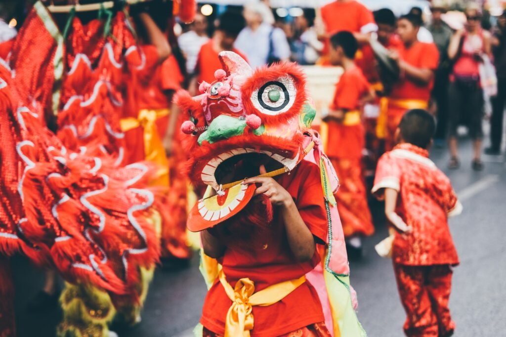Lion dance during Chinese New Year celebration.
